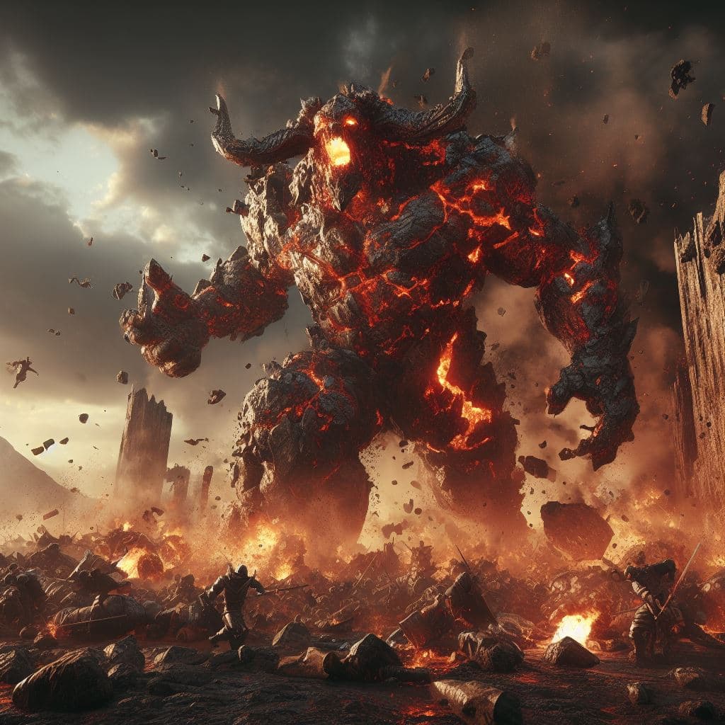 AI generated: best quality, full-length, 3D render, ultimate detailed, fantastic, gigantic evil behemoth golem (ma...