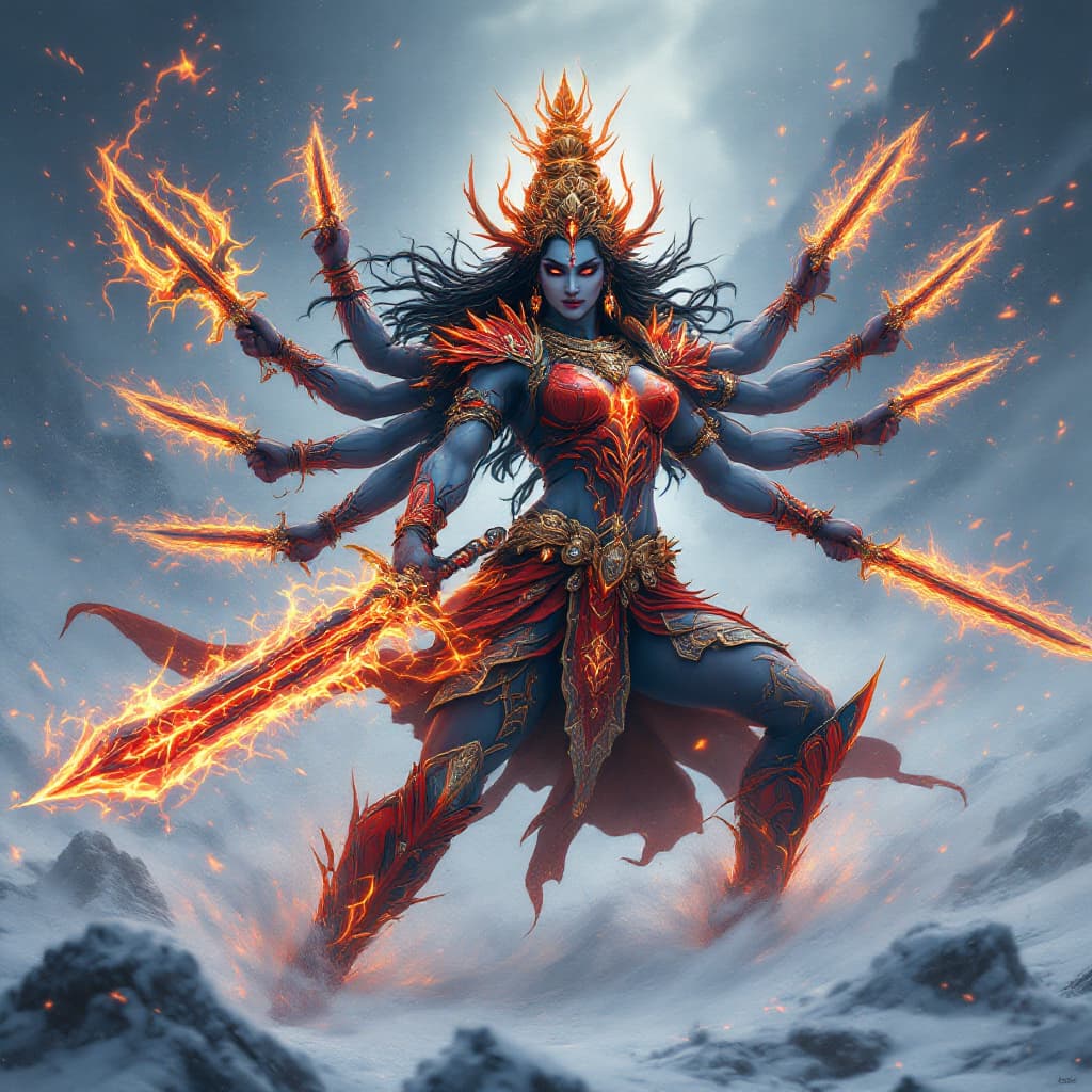 AI generated: "Create an ultra-realistic, full-body portrait of Devi Durga and Lord Shiva, locked in an epic battl...