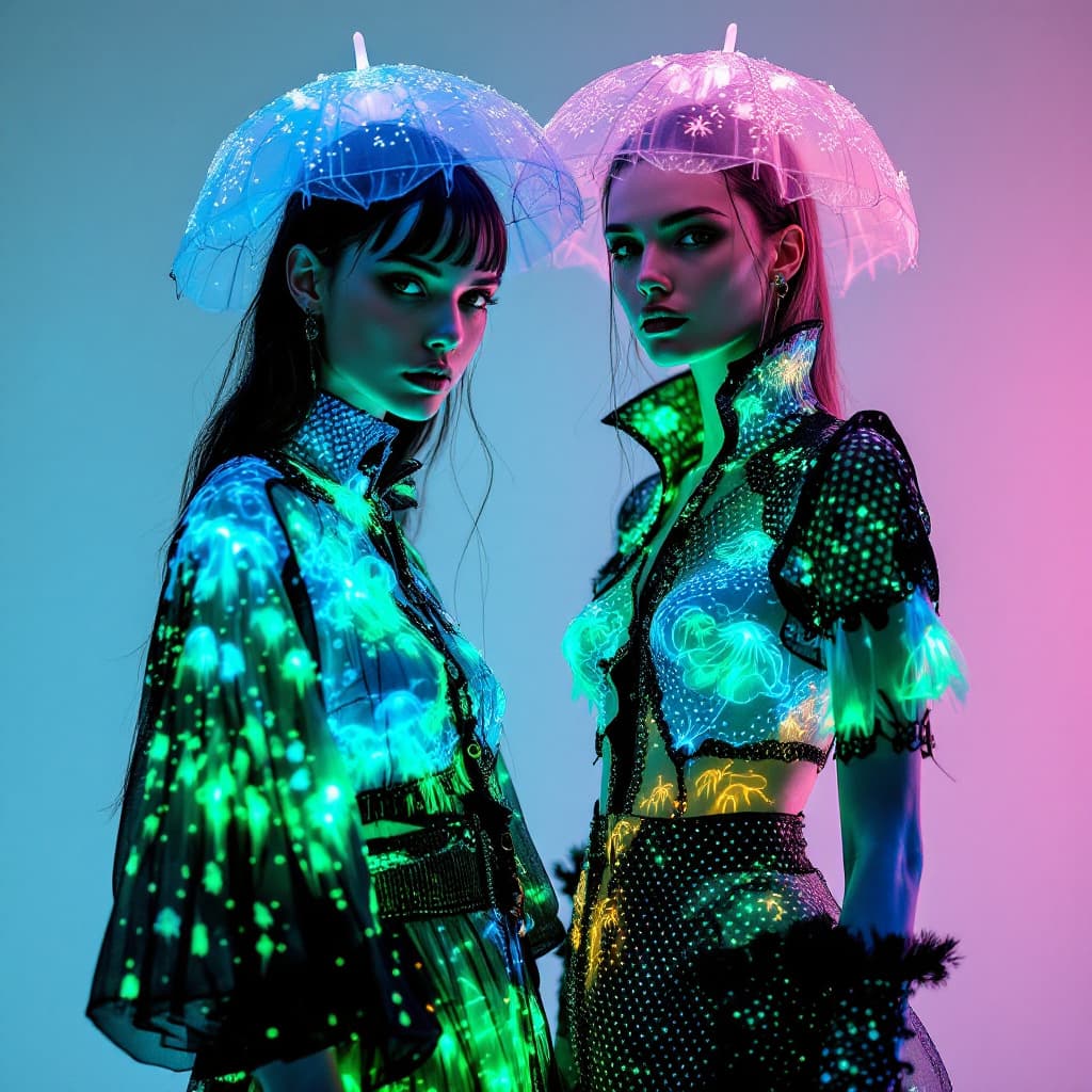 AI generated: A stunning fashion portrait featuring two female,a woman and a woman dressed in striking bioluminesc...