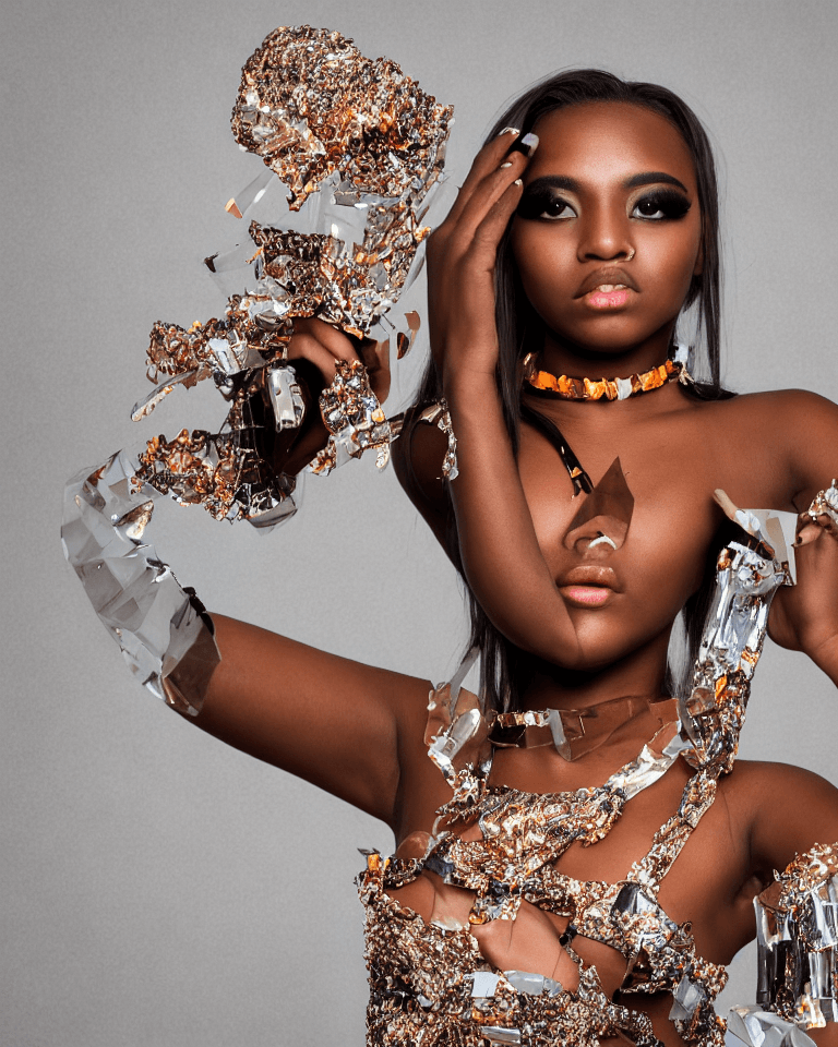 AI generated: a commercial photo portrait of young black instagram model, sparklecore, appropriation artist, trans...