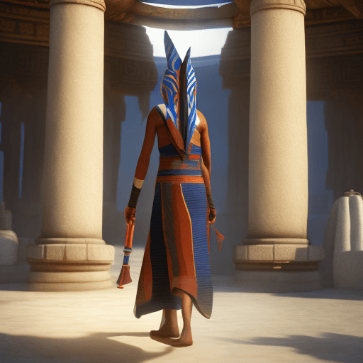 AI generated: Rosario Dawson as Ahsoka Tano walking down the isle of a magnificent old temple holding a oil lamp |...