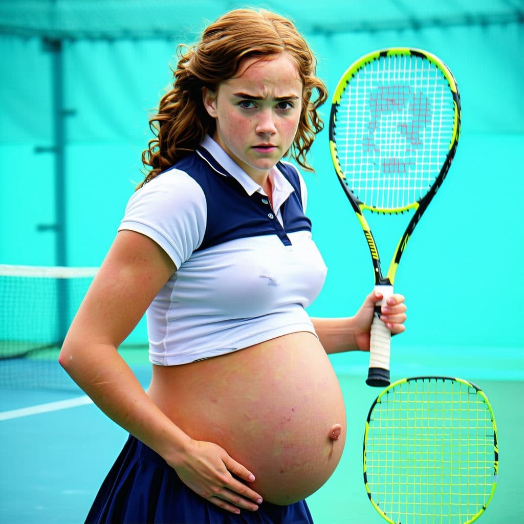 AI generated: Hermione Granger hyperpregnant, very busty, playing tennis