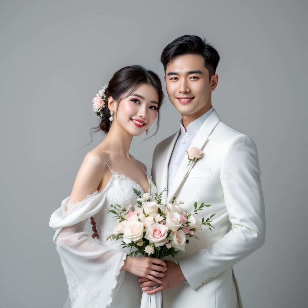 AI generated: Photograph of two Chinese wedding models, one man and woman in a white dress, smiling, holding flowe...