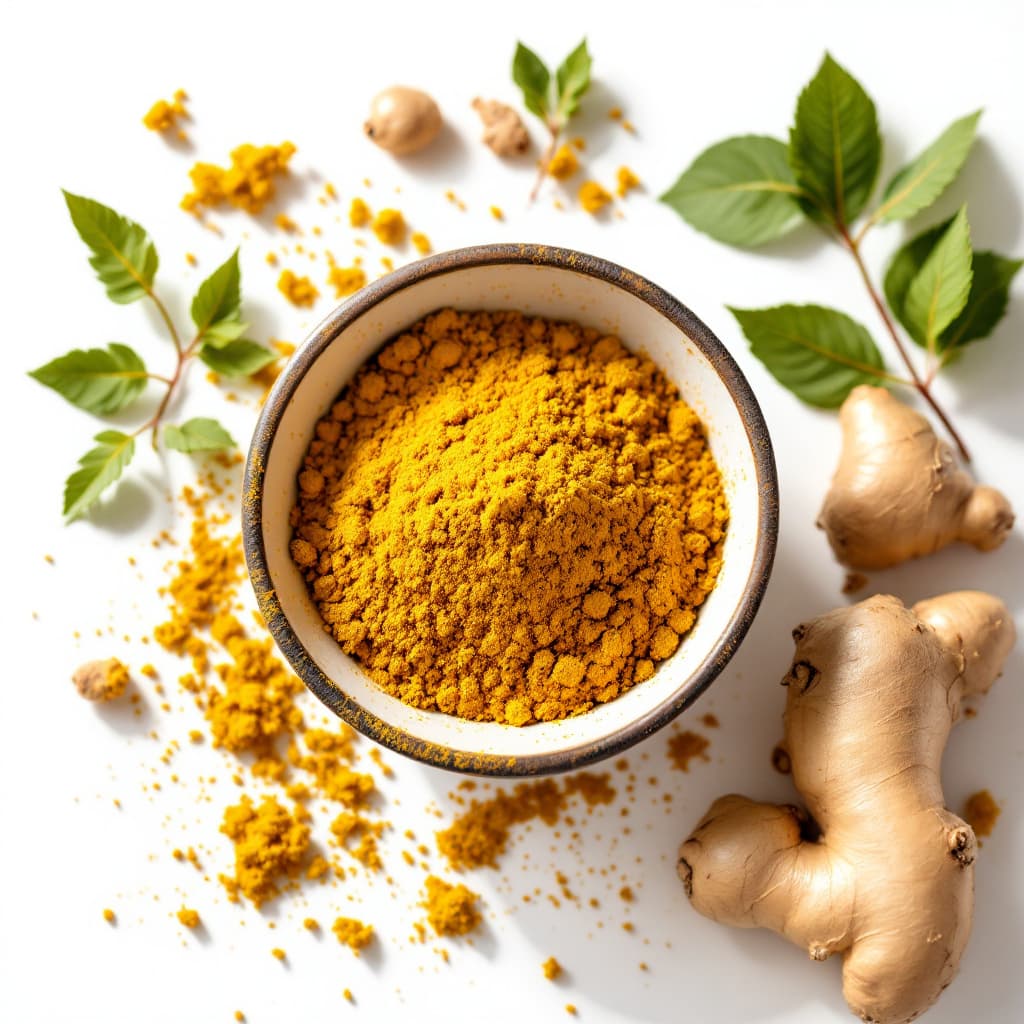 AI generated: Ginger powder in a bowl with some ginger and curry leaves on a white background, realistic, with sha...