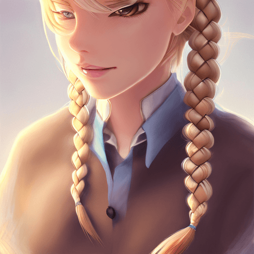 AI generated: (((whisky_project))), ((blonde)), (((blue eyes))), single long braid, single braid, bangs, ahoge, lo...