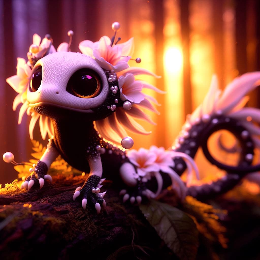 AI generated: Create a celestial white-black divine chibi lizard with a charming tail, pearl scales and cute repti...