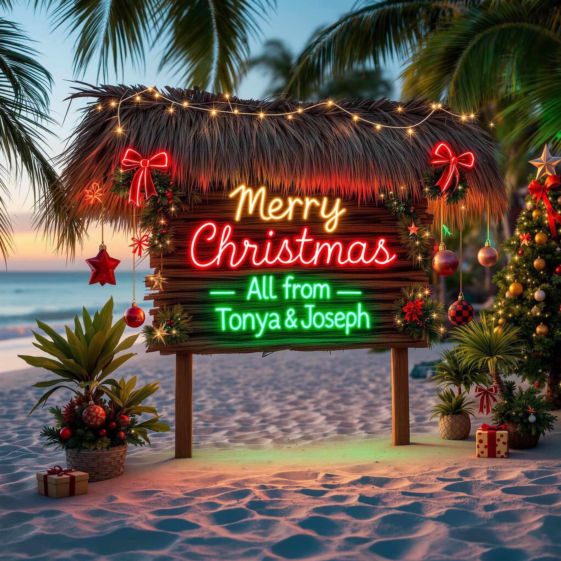 AI generated: Beachy holiday scene, lots of Christmas decorations, thatched sign made of palm fronds, red and gree...