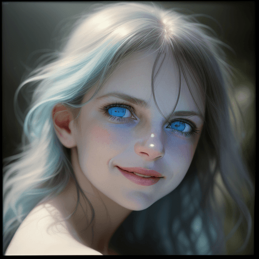AI generated: colors, sharp light blue eyes, A soul-stirring close-up portrait of a woman, grins, her grace enhanc...