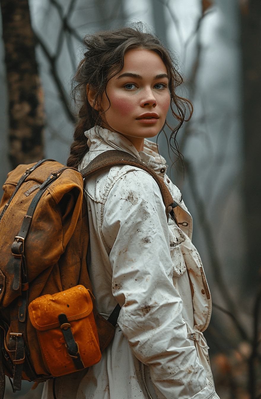 AI generated: a woman wearing a white coat with a brown backpack, in the style of exquisite detailing, sabattier e...