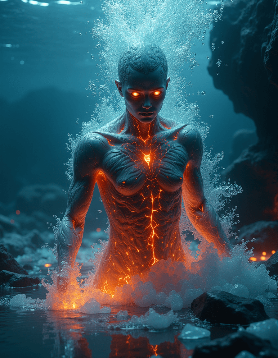AI generated: A stunning, photorealistic depiction of a newly formed humanoid lifeform emerging underwater from th...