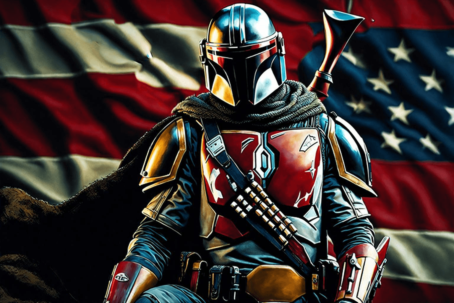 AI generated: 500mm lens photo , an iconic Mandalorian character from Mandalorian tv series, kneels down on the ba...