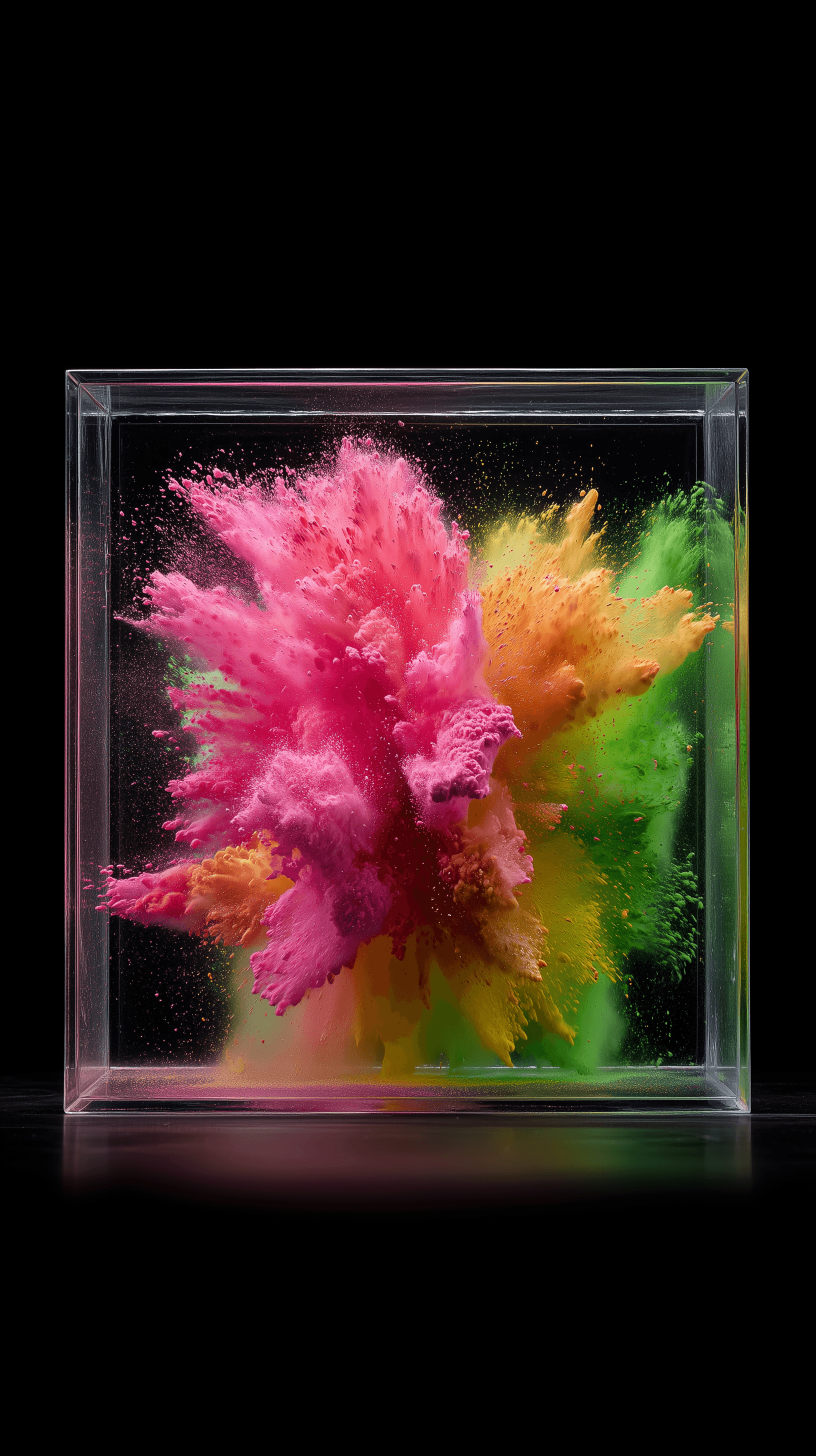 AI generated: photography, front central view, powders explosion moment, vibrant pink, green, yellow color paint, ...