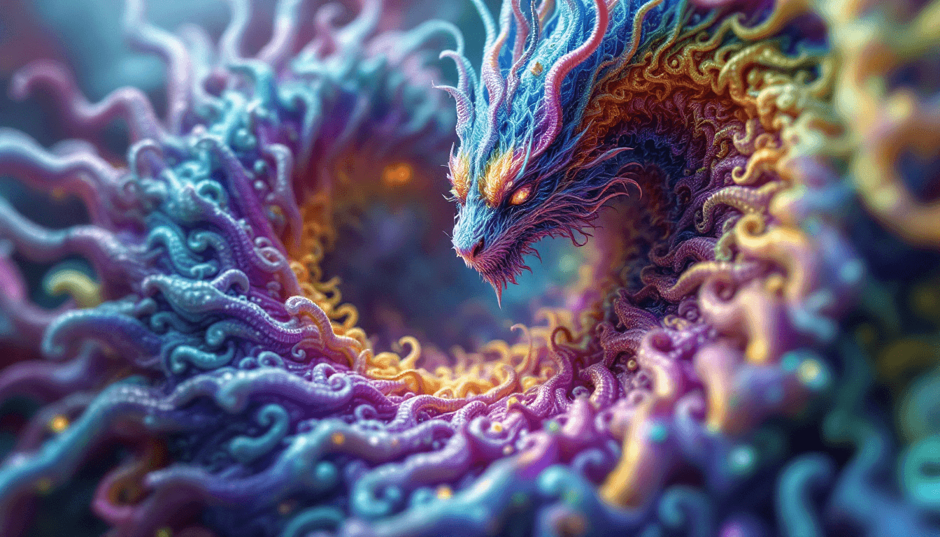 AI generated: close up dof render of a mythical creature made of detailed spiraling fractals and tendrils, detaile...