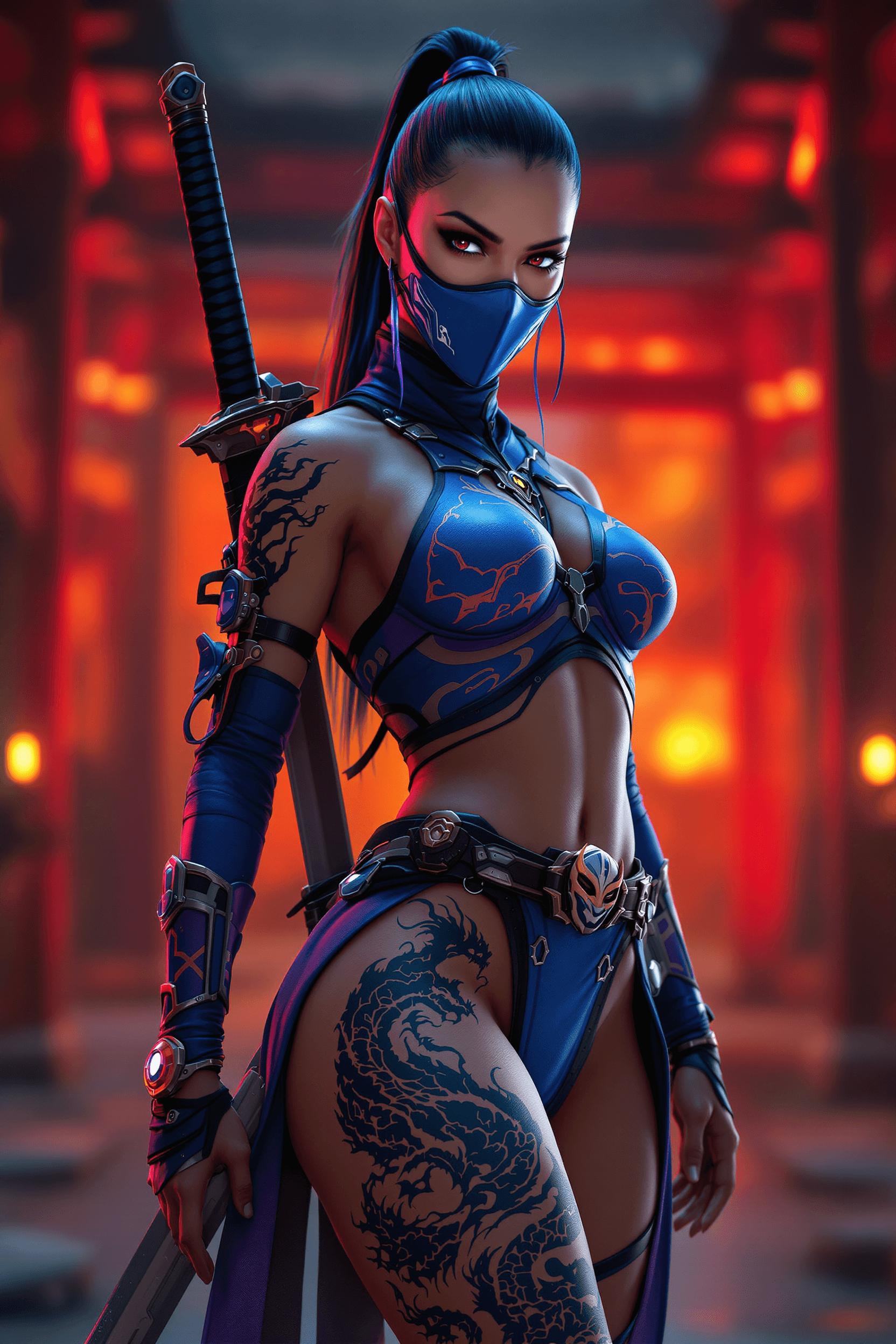AI generated: Ultra-realistic cyberpunk Kitana, Mortal Kombat character, wearing intricate warrior suit, blue with...