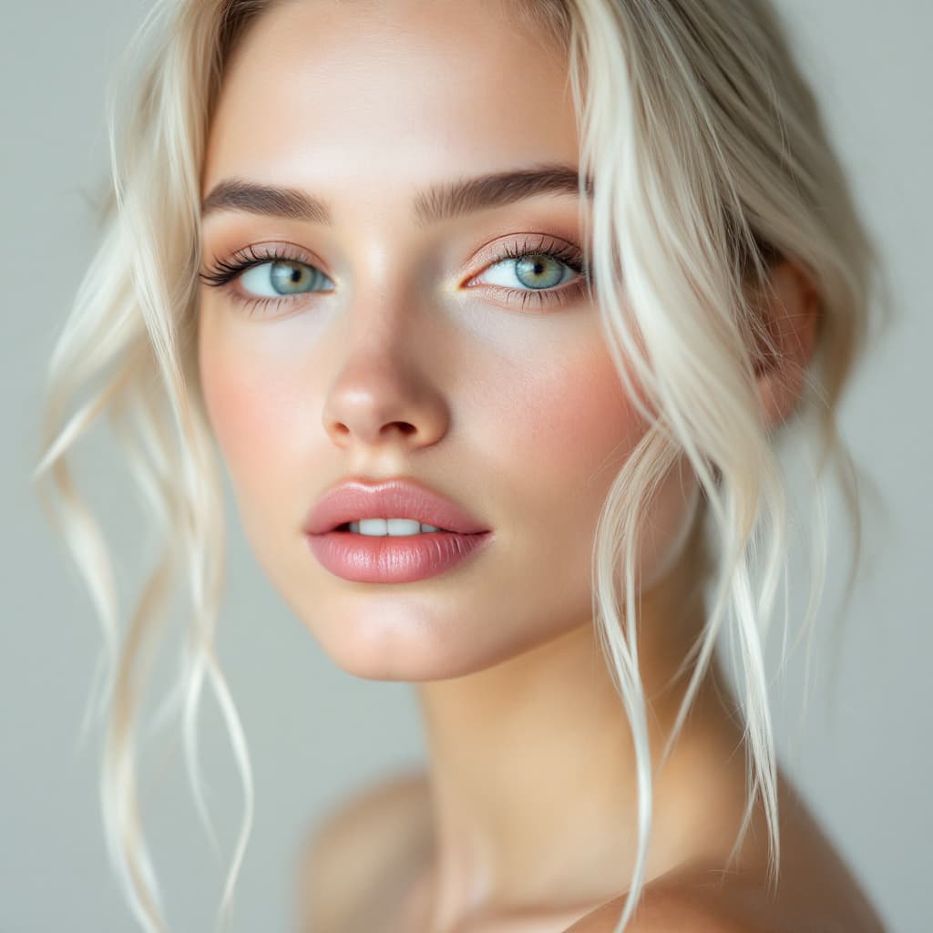 AI generated: A 25-year-old American woman with near-white blonde hair, flawless skin, sculpted cheekbones, and dr...