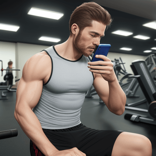 AI generated: Hyper realistic photo of a man using his smartphone at the gym