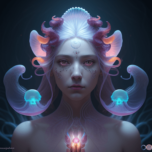 AI generated: Goddess close-up portrait ribcagel. jellyfish phoenix head, nautilus, orchid, skull, betta fish, bio...