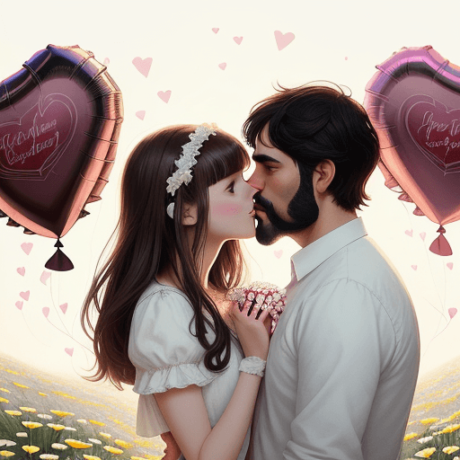 AI generated: illustration of a Valentine's Day, a couple kissing under heart-shaped balloons, surrounded by white...