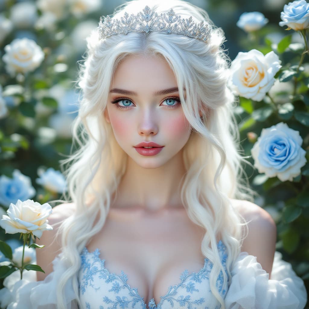 AI generated:  A young and stunning European albino princess of unreal beauty and angelic features. She has snow-w...