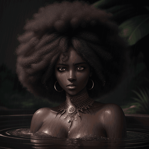 AI generated: An exquisite portrait of an African woman with deep ebony skin and a realistic afro hair bathing in ...