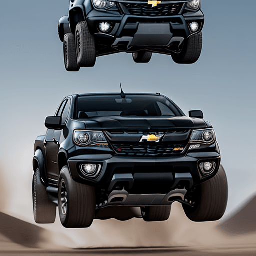 AI generated: happy chevrolet colorado zr2 owner jumping in air and clicking his heels in front of his new black t...