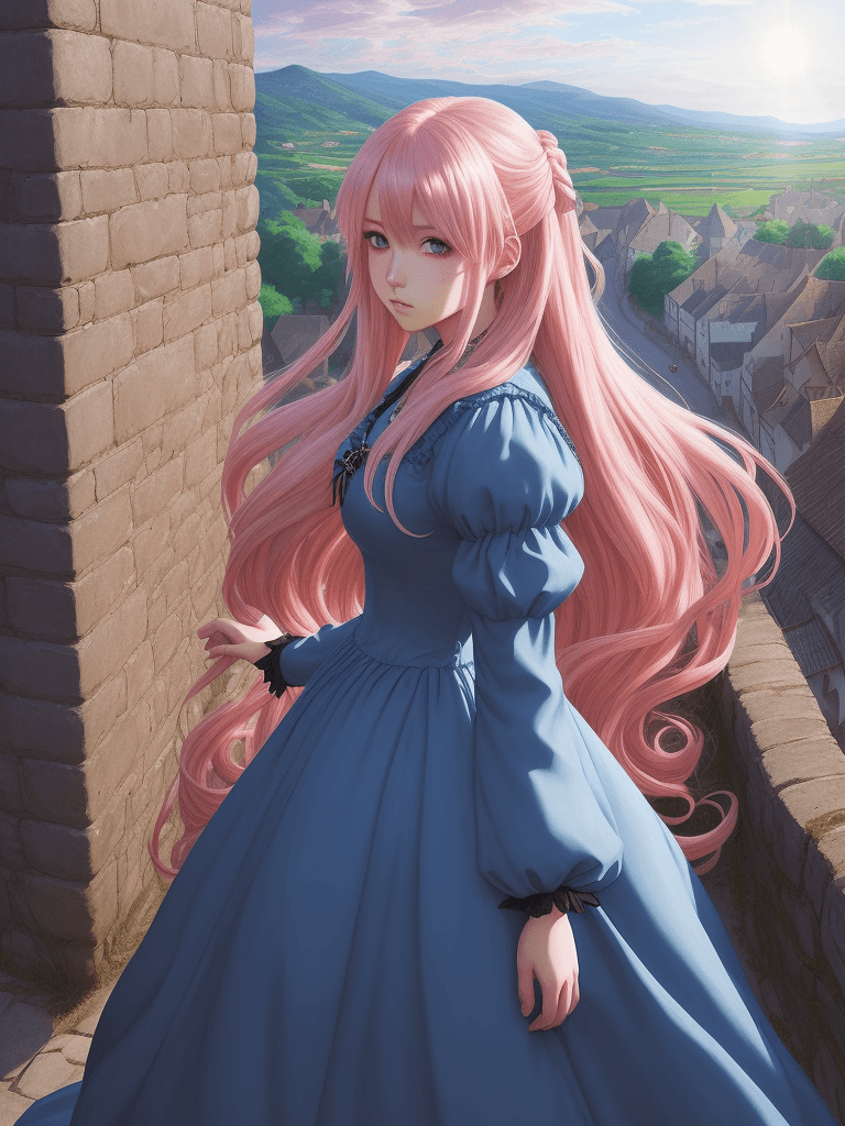 AI generated: close portrait anime manga, beautiful blue dress party, long hair, themes medieval times, beautiful ...