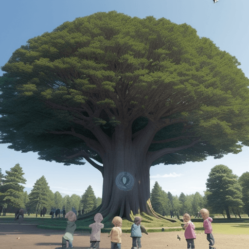 AI generated: an big old tree in the shape of the peace symbol , must include peace symbol, surrounded by kids pla...