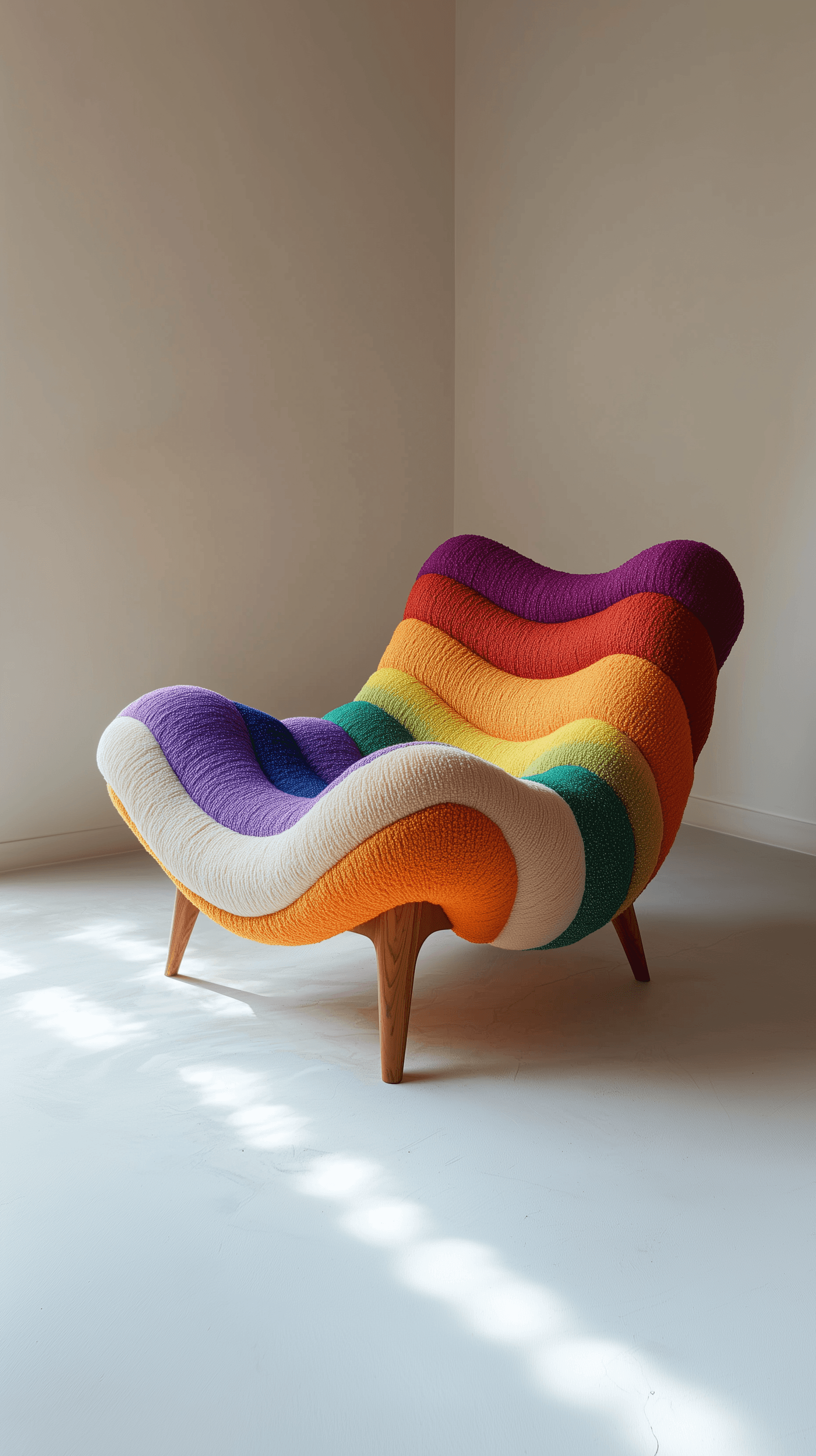 AI generated: high resolution photography, conceptual single sofa, inspired by rainbow, curved shape form, colorfu...