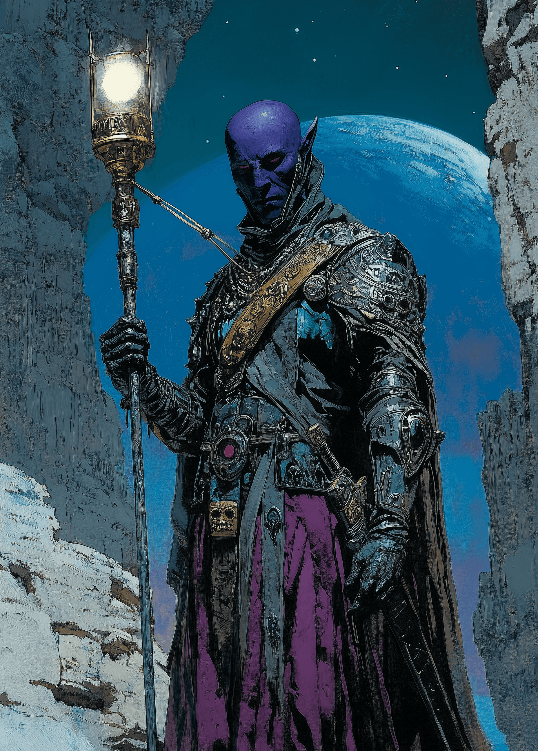 AI generated: **A dark fantasy painting in the style of Jean Giraud Moebius, depicting an alien with black and pur...