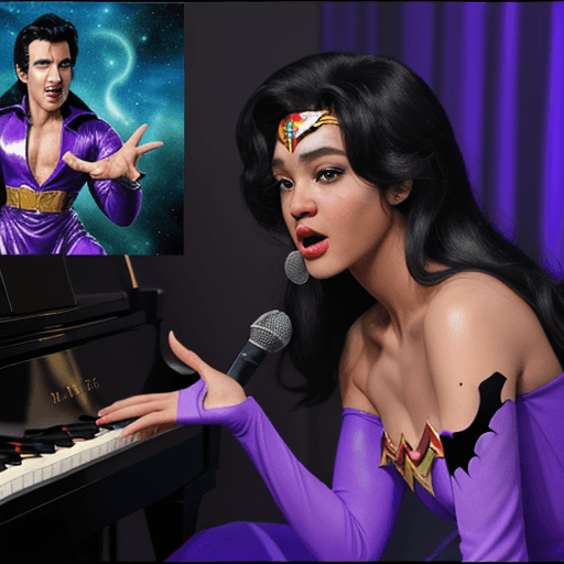 AI generated: This is a comic page 

Panel 1 
Super elvis is sing in outer space 
Panel 2 
Prince in a purple Batm...