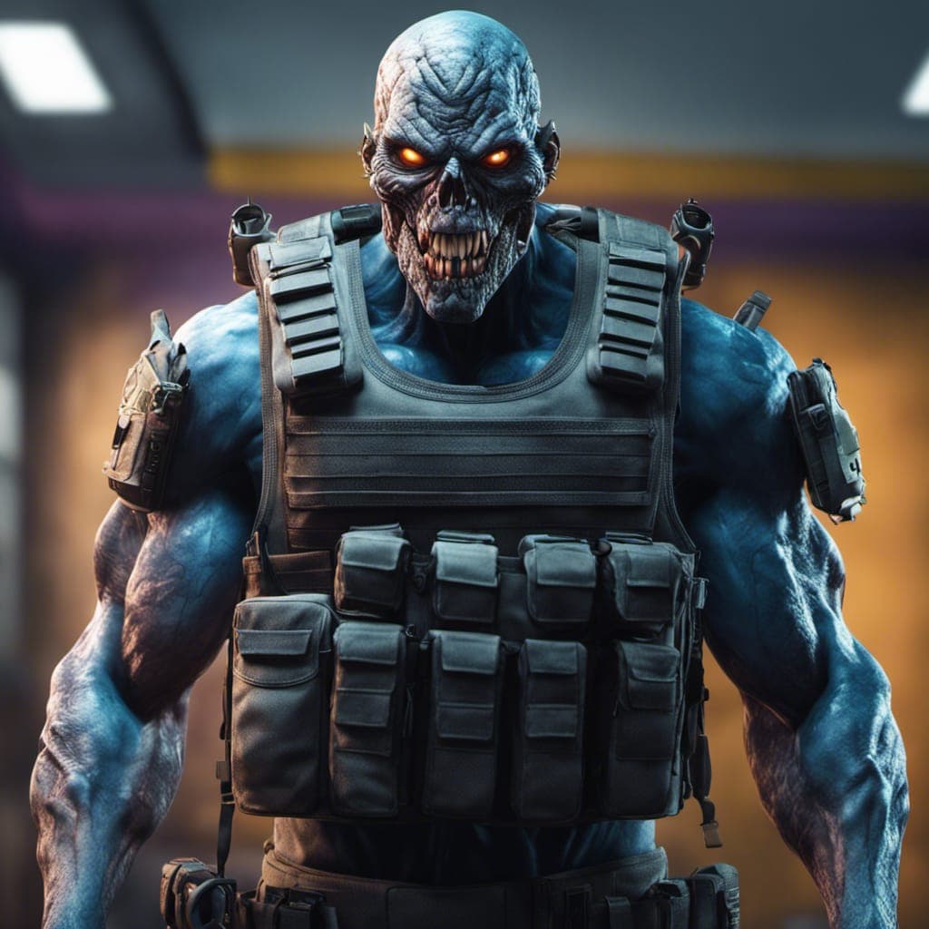 AI generated: A monster wearing a tactical bulletproof vest at school, realistic, cinematic, 8k, highly detailed