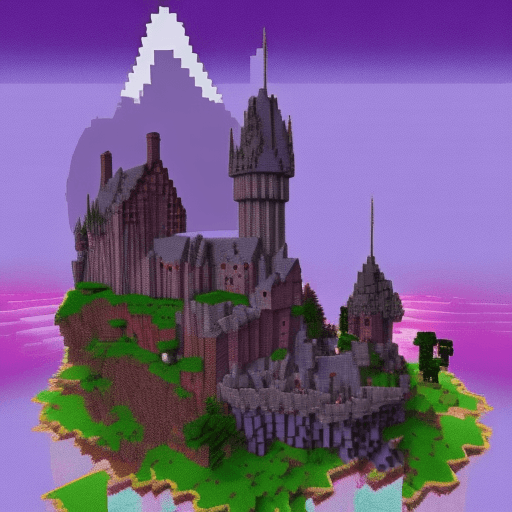 AI generated: A very detailed small purple castle in Harry Potter style, with mountains on the left and sunset on ...