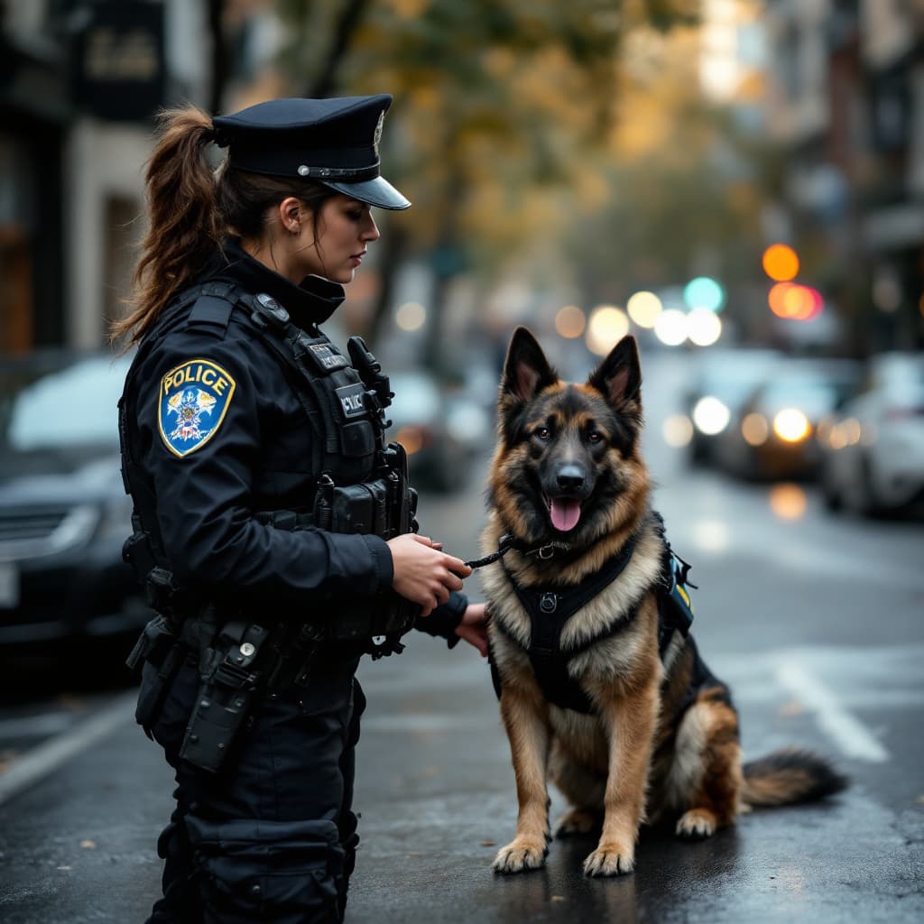 AI generated: pertty female police , very fit body and police dog in the street,On patrol
