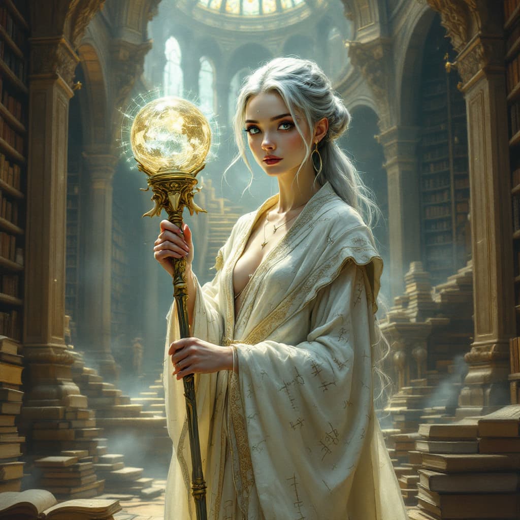 AI generated: A pretty, wise chronographer with a slender and elegant build, her eyes holding the stories of count...