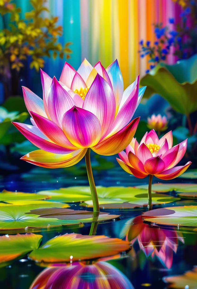 AI generated: Bright Colors, Vibrant 3D Transparent Lotus, With Few Shiny Leaves In The Pond Rainbow background in...