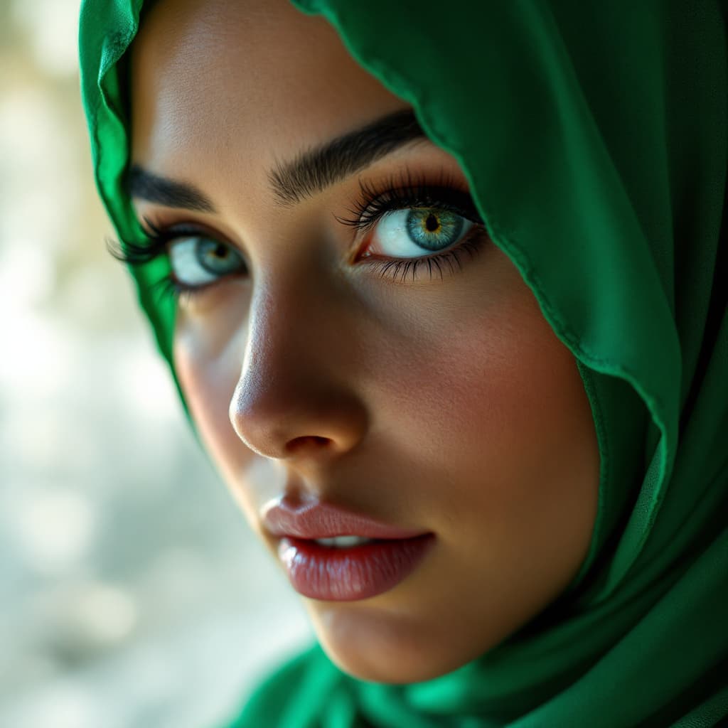 AI generated: POV, voluptuous curvy Arab Girl, wearing a green hijab,  20yo, naked, extremely detailed, face detai...