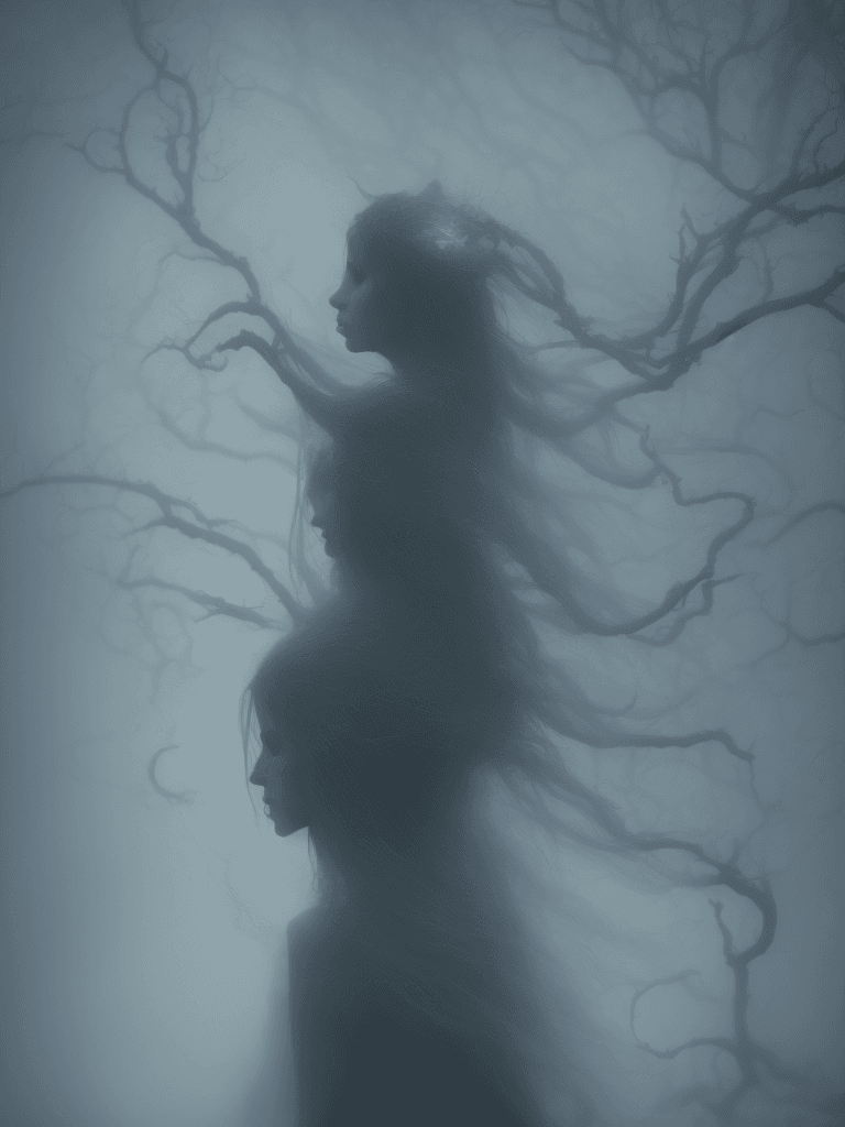 AI generated: witch in mist, Realistic, Hauntingly beautiful, feerie lighting, wispy tendrils, etherial, Highly de...