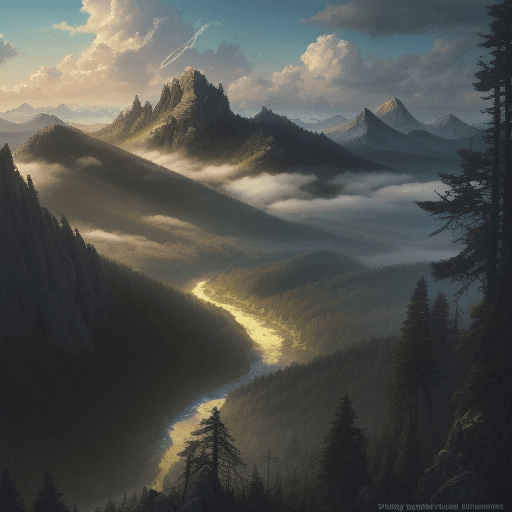 AI generated: view of a valley from the top of a mountain, spring, pine forest, clouds, fantasy, digital art, phot...