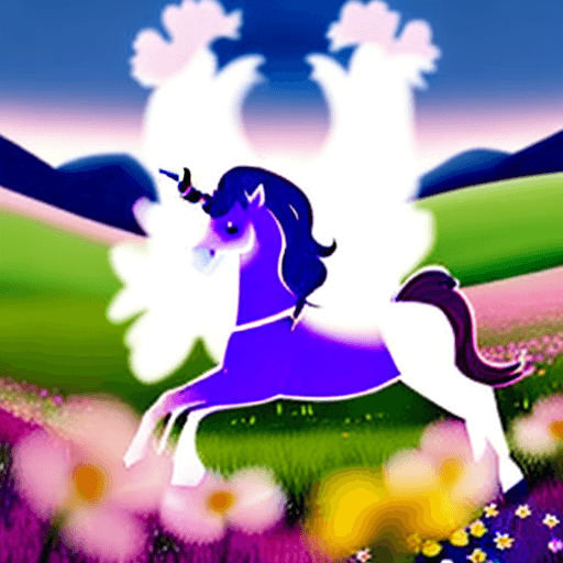 AI generated: A pink unicorn with no saddle in a field of flowers
