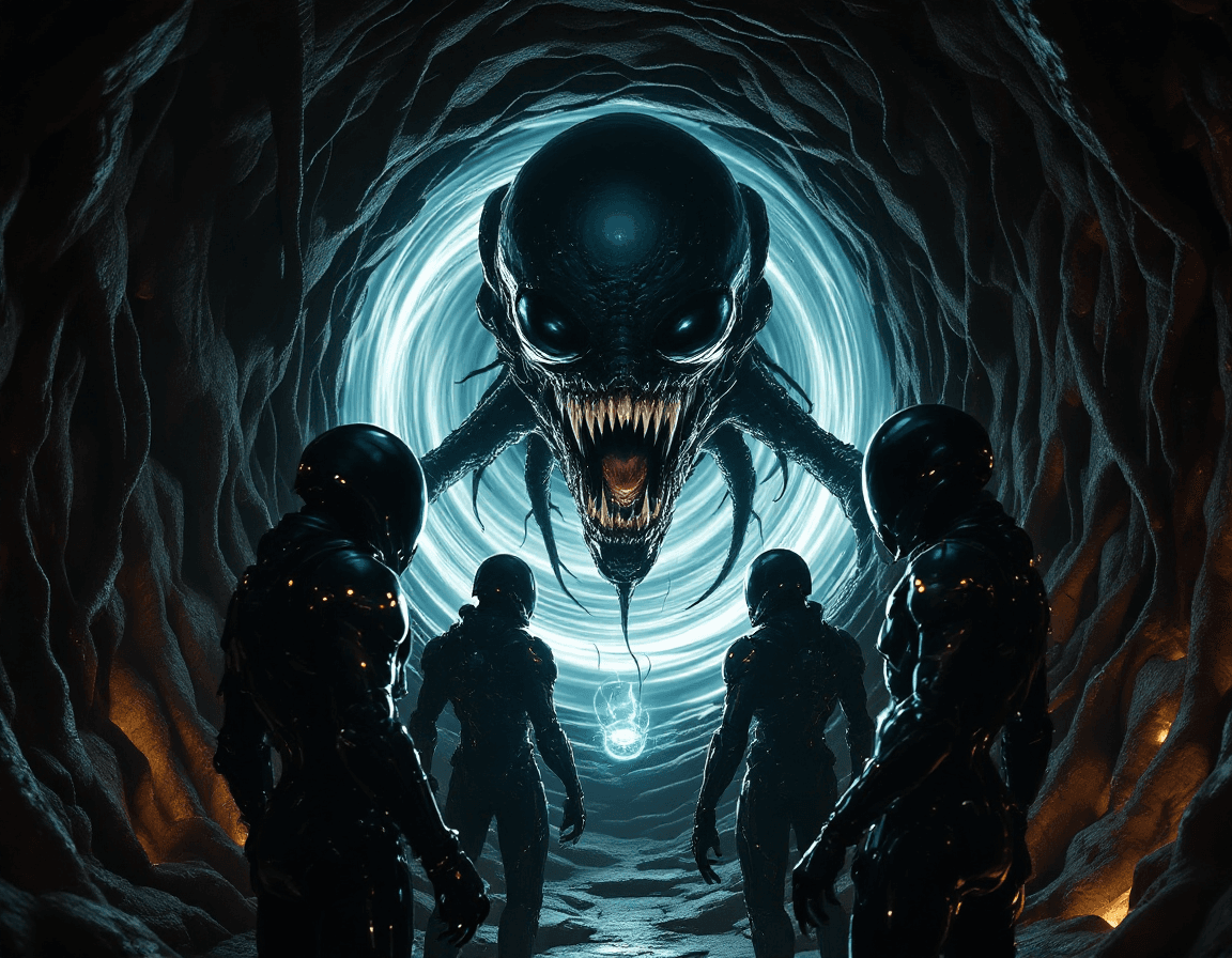AI generated: A terrifying, monstrous alien creature with multiple glossy black eyes and a massive open mouth full...