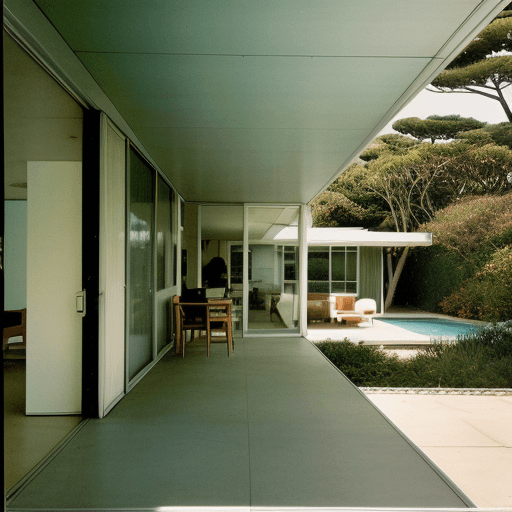 AI generated: Hyper realistic eye level exterior photo of a mid century modern style house overlooking the ocean, ...