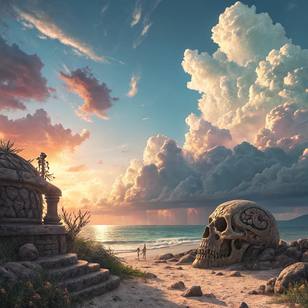 AI generated: the sky in the background, in the style of realism with fantasy elements, skull motifs, light-filled...