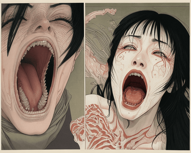 AI generated: a woman screaming, artwork by Takato Yamamoto and Chika Yamada, very detailed, realistic anatomy, fu...