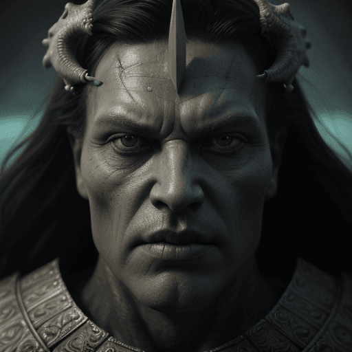AI generated: King close-up portrait. sword, skull, conan, bioluminiscent creatures, intricate artwork . octane re...