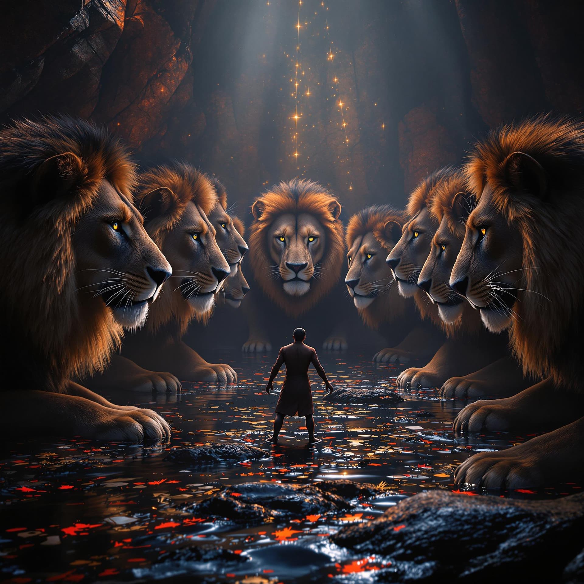AI generated: imagine prompt: maximalist Daniel in the Lions Den - Briton Riviere, 7 lions where face of each one ...