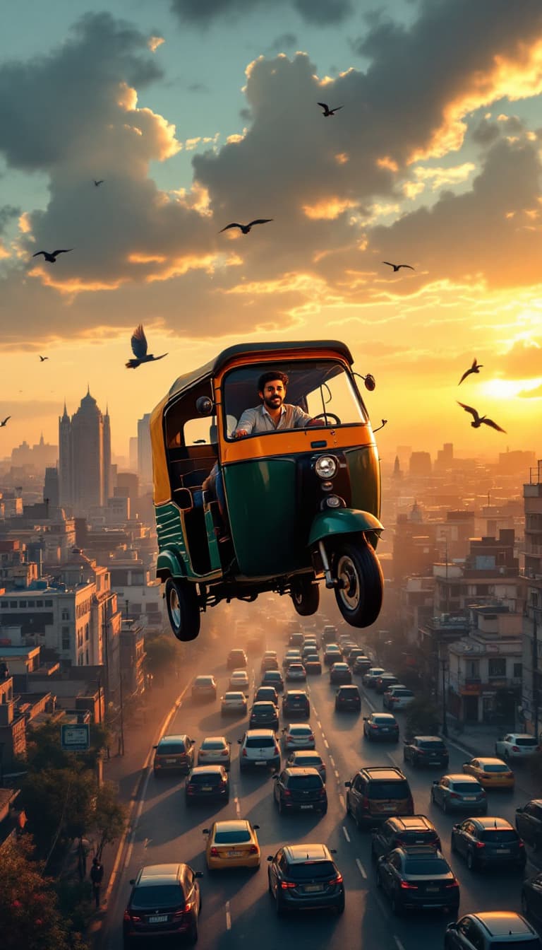 AI generated: Wide shot of flying auto-rickshaw high above traffic, Kishore looking amazed, city skyline in backgr...