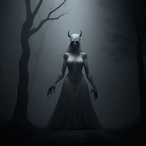 AI generated: mystique,heavy nightmare Version of the urban legend of the whitedevil.in a night ,a foggy street in...