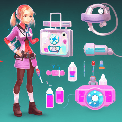 AI generated: an icon sci-fi doctor, with equipment resembling a girl's medical playset. colorful plastic and cute...
