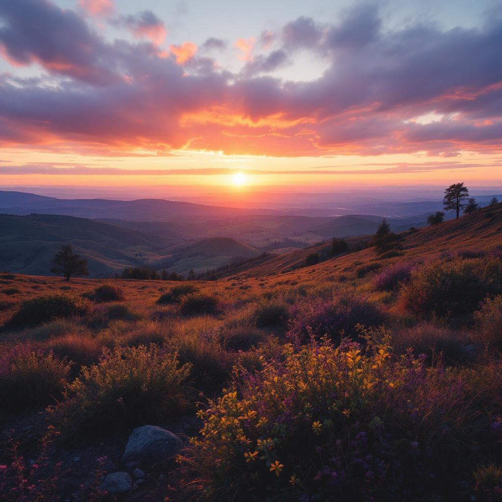 AI generated: a hilly andscape facing west as the sun iis setting and thier is cherry 