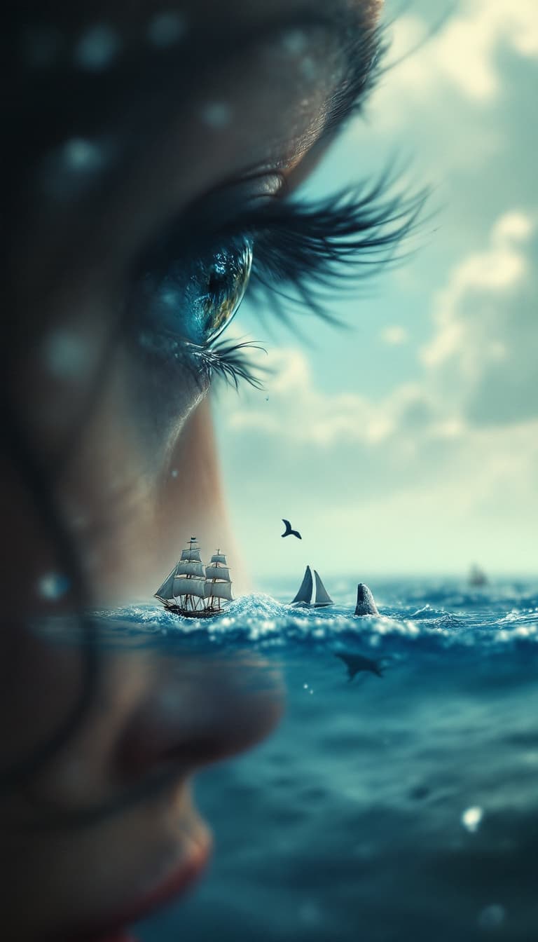 AI generated: 2. A surreal, extreme close-up of a woman's tear, transforming into a miniature ocean complete with ...